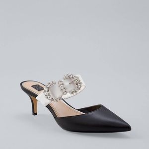 35th Anniversary Black And White Mid-Heel Mules With Rhinestone Buckle! NEW